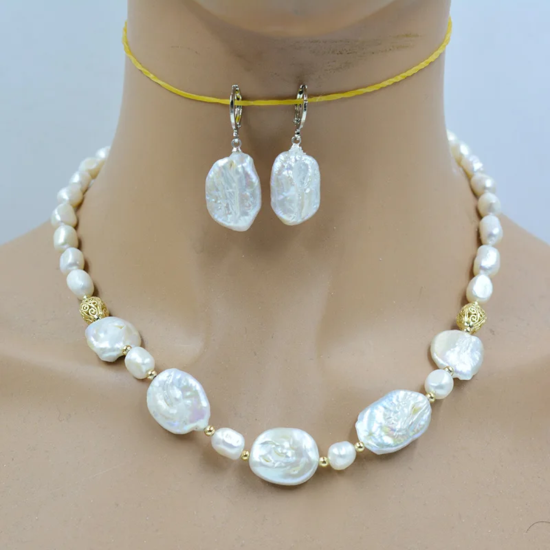 8mm natural gray Baroque pearl necklace earring set. Women\'s Party Classic Jewelry 18 \