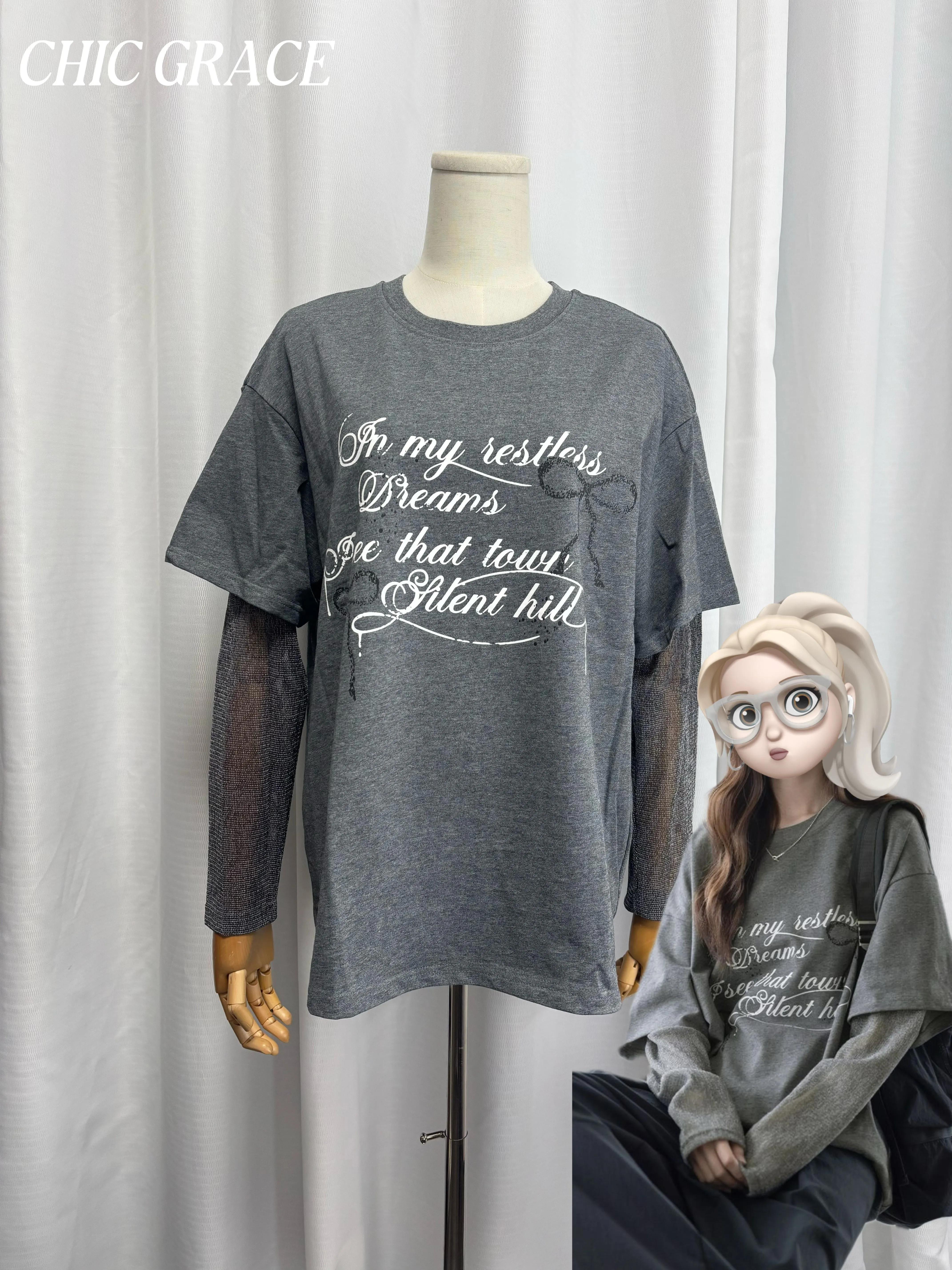 

Женская серая футболка с длинными рукавами в стиле пэчворк Real shot, серая футболка с длинными рукавами, весна 2025, повседневная свободная футболка с буквенным принтом