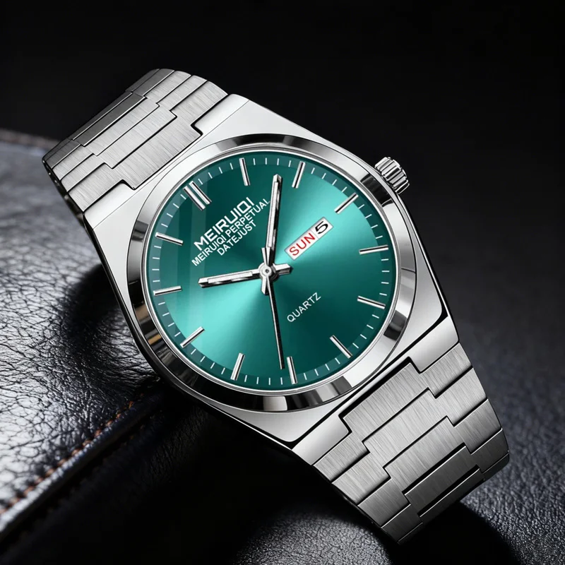 A handsome men's silver blue sports style watch with a Sunday calendar bar and quartz studs