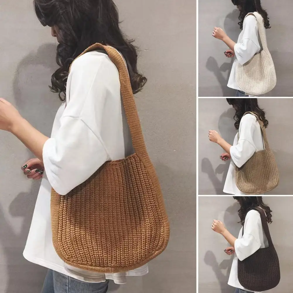 

Women Knitting Shoulder Bag Large Capacity Handmade Knitted Solid Color Vintage Tote Bag Shopping Bag bolso mujer сумка женская