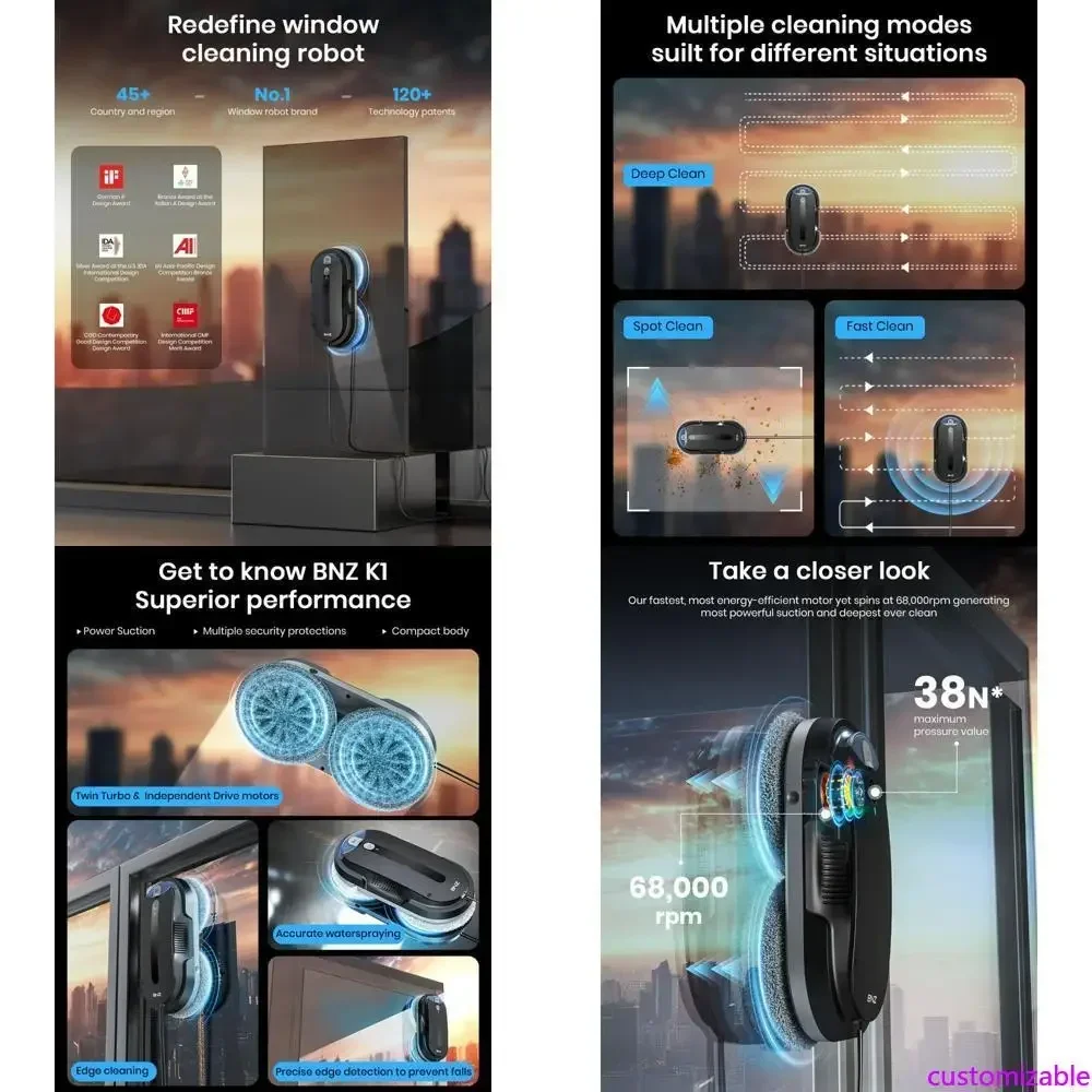 

Hot-sellingIntelligent Dual-Turbo Window Cleaning Robot with Auto-Spray and Advanced Safety Features, AI-Guided Path Planning