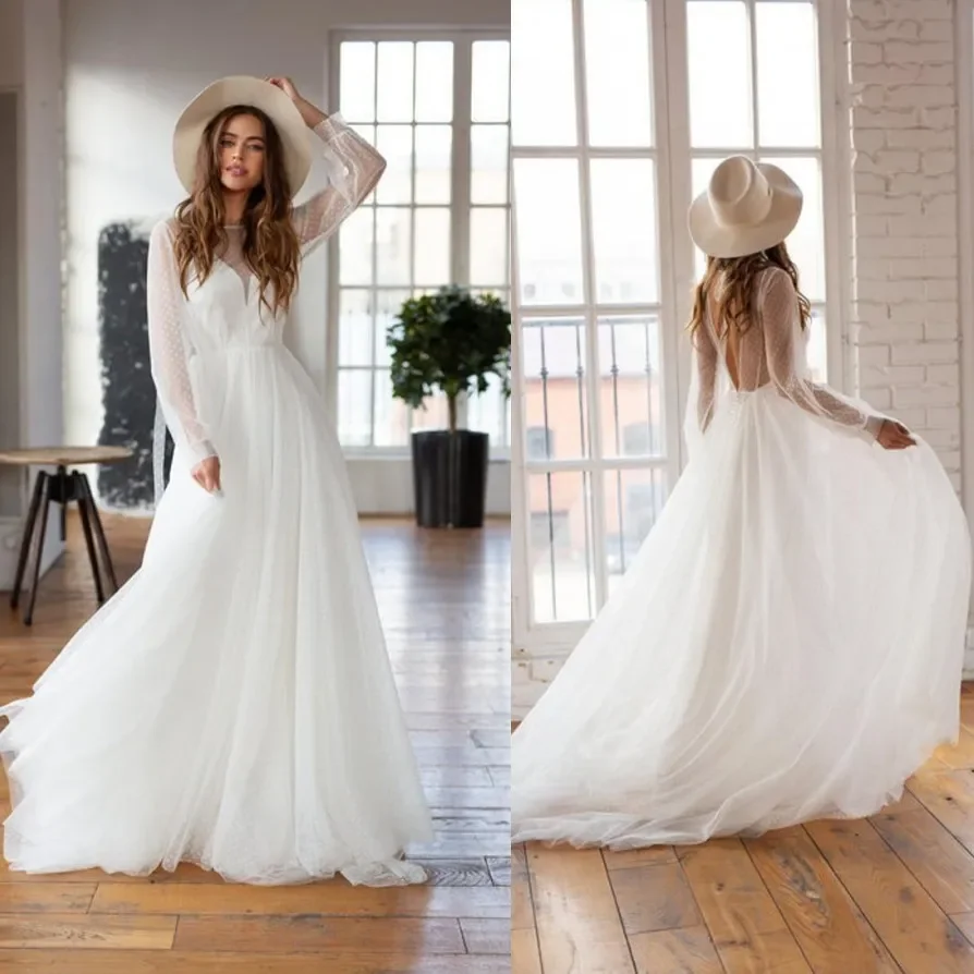 Elegant and romantic Bohemian A-line Bridal Princess Wedding dress Long sleeve beach sexy open back bridal party dress Custom