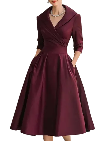 Stile elegante vita che dimagrisce abiti da festa a maniche lunghe per le donne 2025 autunno femminile tasca pieghettata abito longuette a trapezio abiti