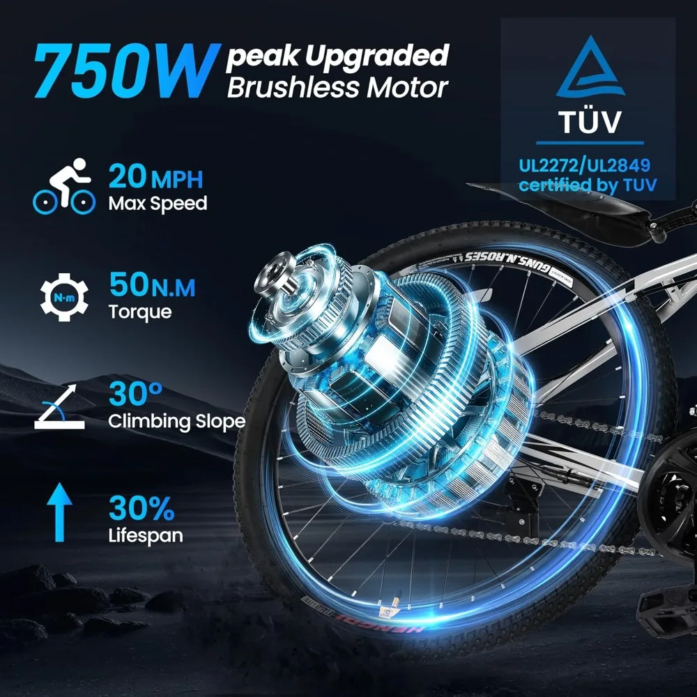 دراجات كهربائية 21 سرعة للبالغين، الذروة 750 وات 26 في الدراجة الإلكترونية، 70 ميلًا 20 ميلاً في الساعة، بطارية قابلة للإزالة بقدرة 500 وات في الساعة، فرامل مزدوجة، تعليق أمامي #5