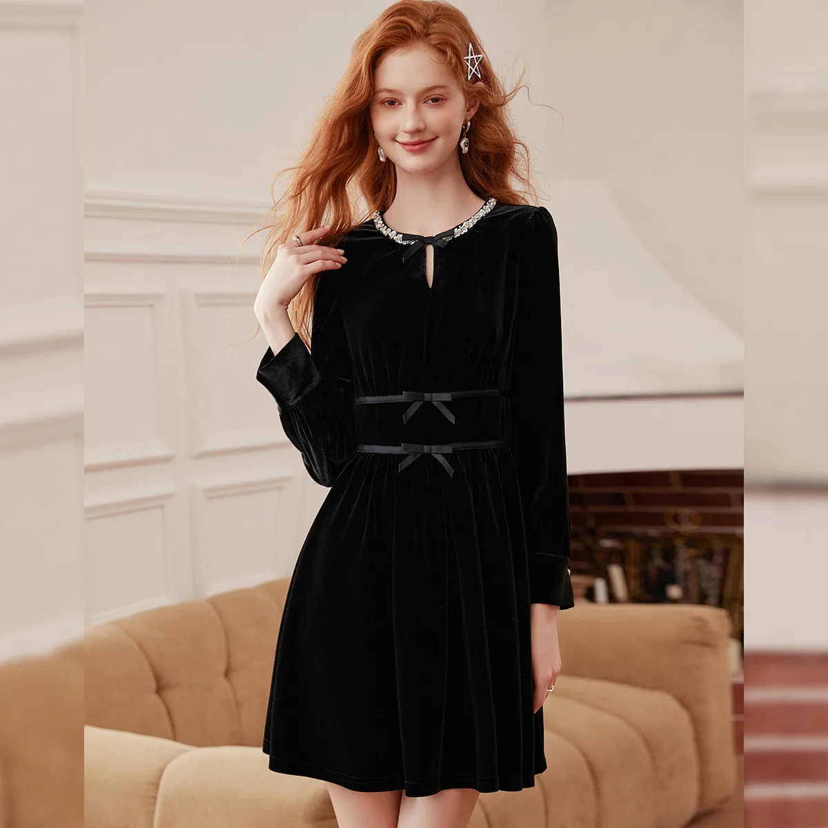 LOUIS YAO falda negra con lazo 2025 otoño vestido de manga larga no elástico cuello redondo ajustado ajuste cadena de cuentas empalme vestido de mujer