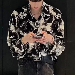 Men Clothing Spring Korean Fashion Vintage Ink Painting High Street Shirt Casual Lapel Long Sleeve Loose Tops Camisas De Hombre
