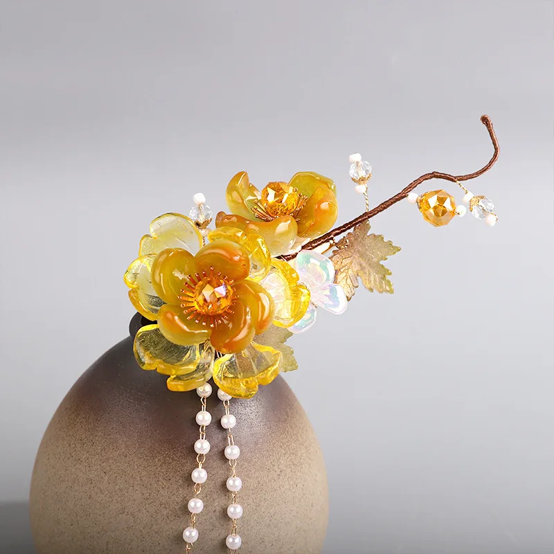 Bracelet Hand String Yellow Glaze Flower Tassel Hairpin A Pair Of Antique Pearl Long Tassel Hairpin Hanfu Cheongsam Accessories