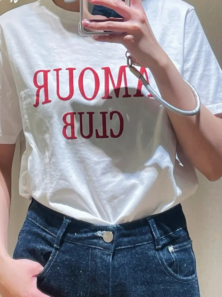 

Summer White Print Letter T-shirt Women 2025 New Crew Neck Cotton Short Sleeve Tops Tee Shirts Simple Fashion Casual T-shirts