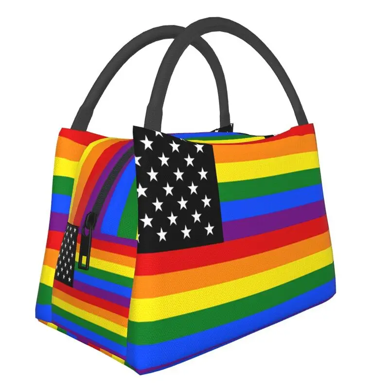 

LGBT Gay Pride Rainbow American Flag Insulated Lunch Bag for Work Office Resuable Thermal Cooler Bento Box Women Kid Food Bags