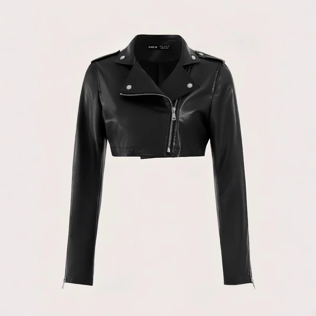 ソリッドカラーの襟ボンバージャケット、スリムフィット、オートバイスタイルの半袖レザーコートレディースジャケットレディースジャケット