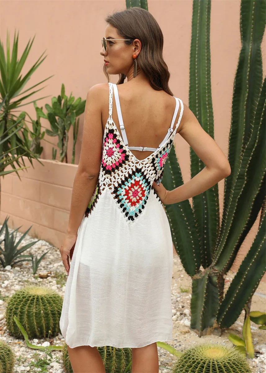 Bikini Cover-Ups Short Bohemian Dress for Women with Sling Biquinis Cover Ups Crochet Patchwork Swimsuit Casual Holiday Dress