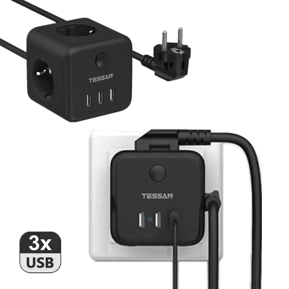 TESSAN Powercube Power Strip with 3 Outlets 3 USB Ports 1.5M Extension Cable Europe Plug Multi-tap Tee Electric Socket for Home