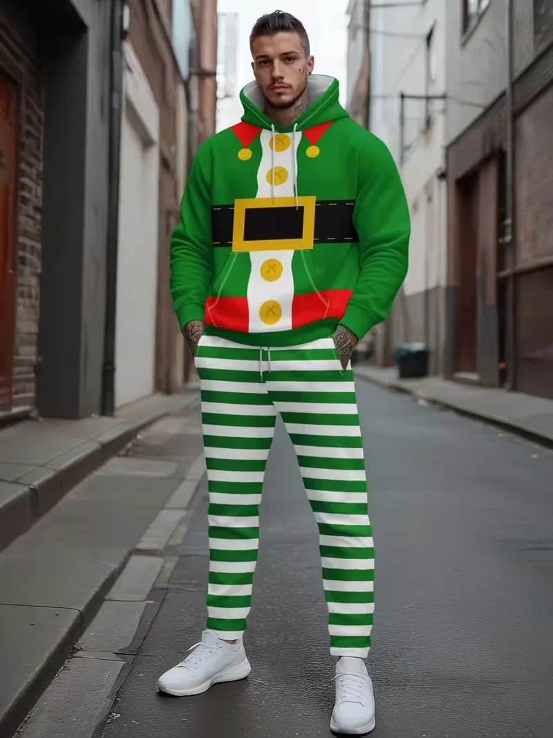 산타 클로스 캔디 케인 3D 인쇄 남성 후드 세트 패션 야외 거리 힙합 의류 크리스마스 파티 긴 소매 정장