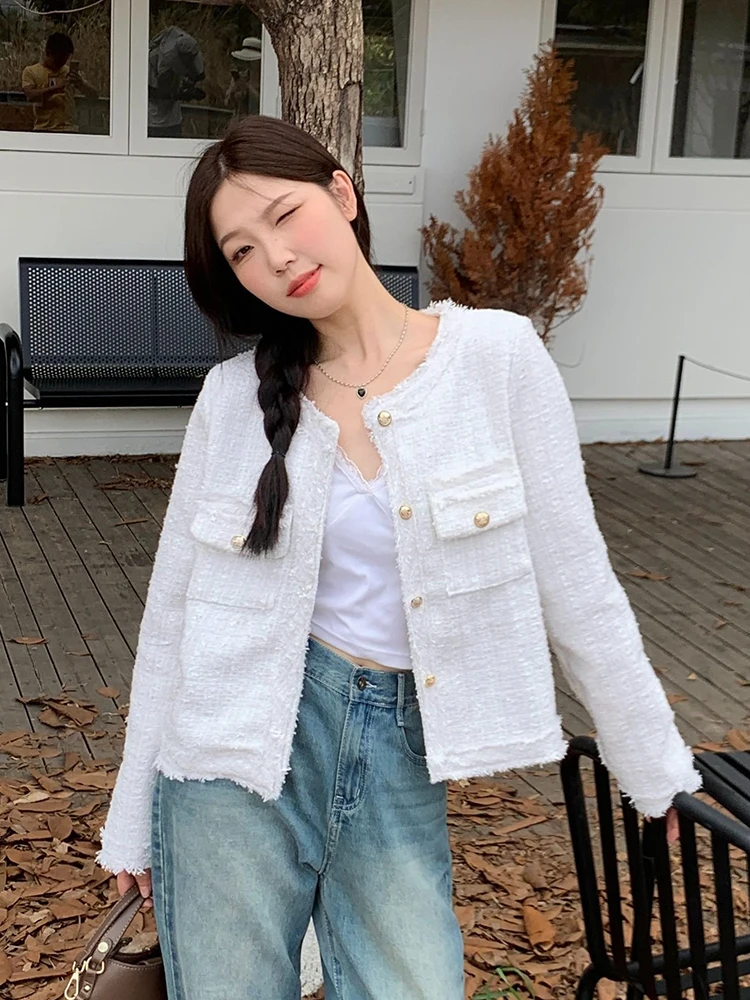 Giacca casual francese in tweed da donna elegante o collo manica lunga slim cappotto corto vintage autunno inverno dolce top monopetto femminile