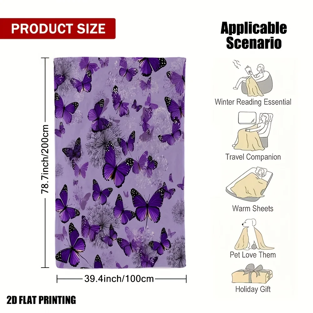 1pc Purple‑Butterfly‑Meadow‑Print Throw Blanket, Sofa & Bed Decor, Multi‑Purpose Travel Thanksgiving Holiday Gift