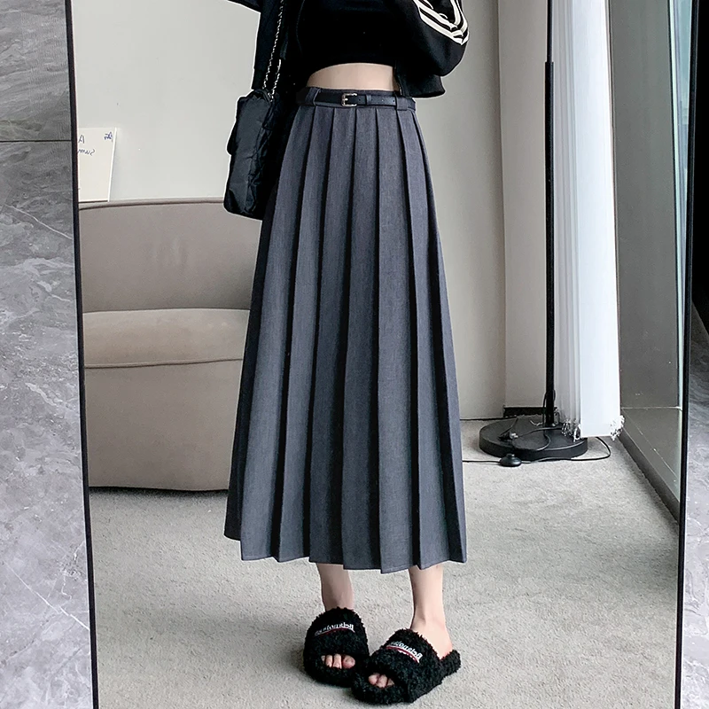

2025 New Spring Autumn Women High Waist Belt Slim Long Skirt High Quality Elegant Office Lady Solid Color Suit Pleated Skirt