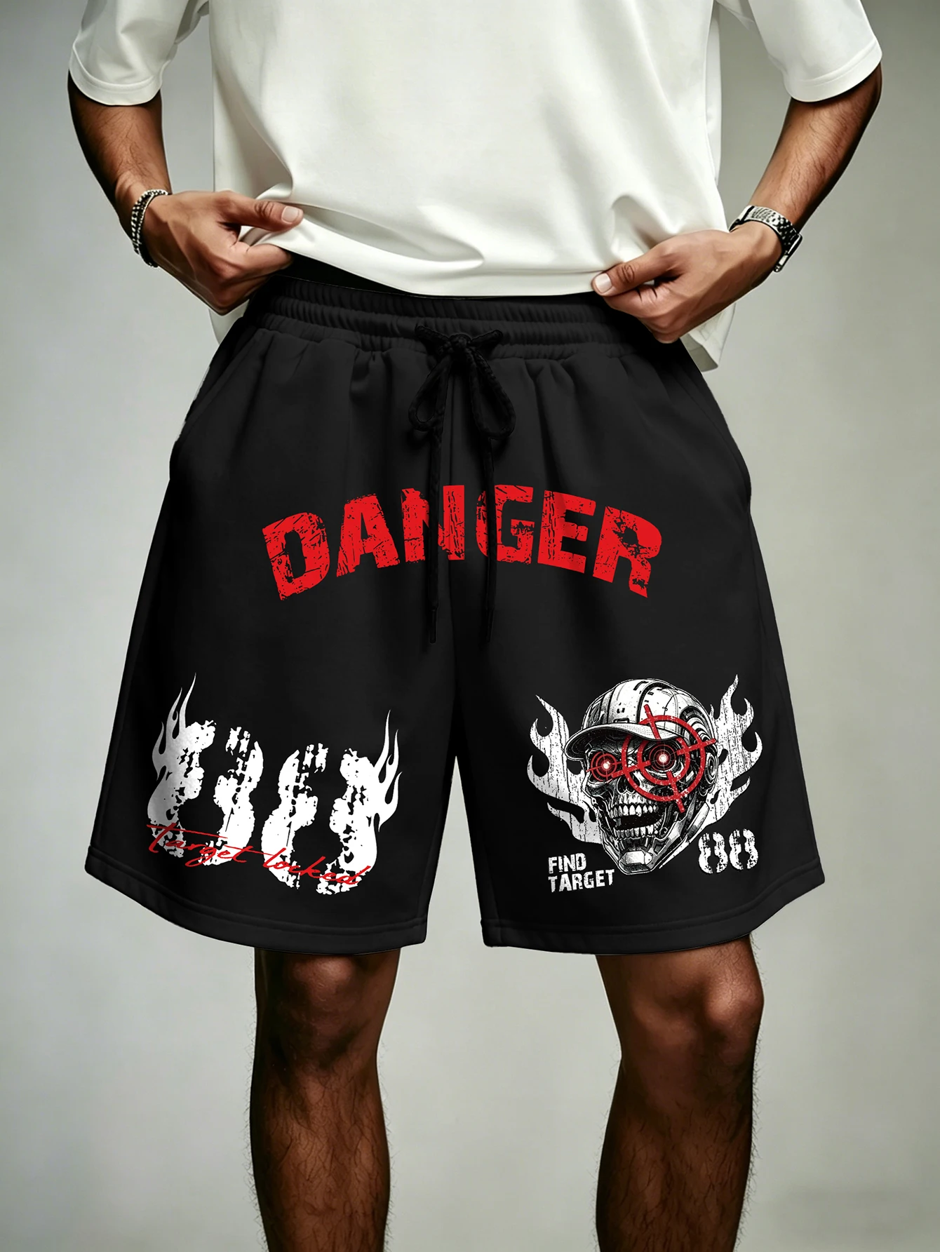 Men's Danger Skull Target Flame Number Print Drawstring Sweat Shorts Poly S-2XL Loose Casual Streetwear Summer Sports Shorts