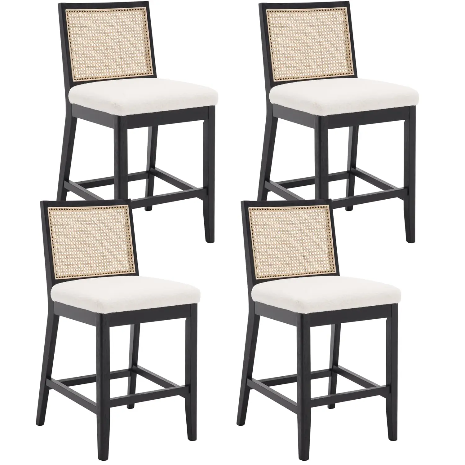 

Набор из 4 черных ротанговых стульев для кухонного острова с спинкой и обивкой из шерпы, 26 дюймов, на заказ