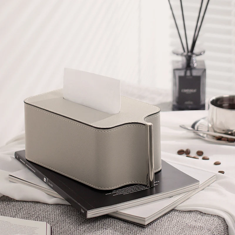 Modern Light Luxury Stainless Steel Bart Leather Tissue Box Drawer Box High-End Home Coffee Table Paper Drawer Ornaments