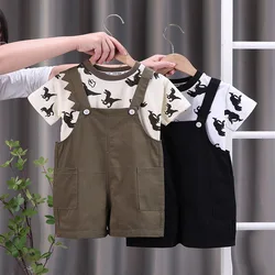 New Summer Baby Boys Clothing Toddler Fashion Infant Children Dinosaur Print Clothes Suits Solid T Shirt Overalls Pants 2Pcs/Set