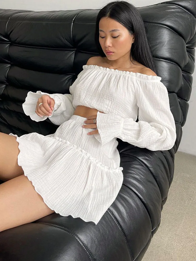 TARUXY Cotton Dress Sets Women Summer Long Sleeve Crop Top Loose Mini Skirt Suits Casual Two Piece Set Womens Outifits