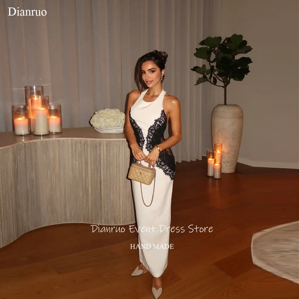 Dianruo Halter Neckline Sleeveless Evening Dresses Backless Straight Prom Gown Contrasting Colors Wedding Party Dress Customized
