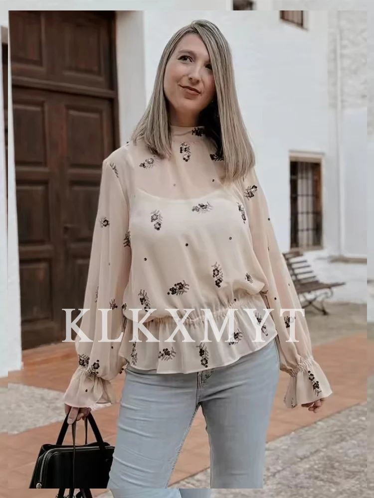 Camisa translúcida para mujer, moda de otoño 2025, camisa de manga larga con decoración de lentejuelas de Color sólido, camisa elegante de ocio para mujer