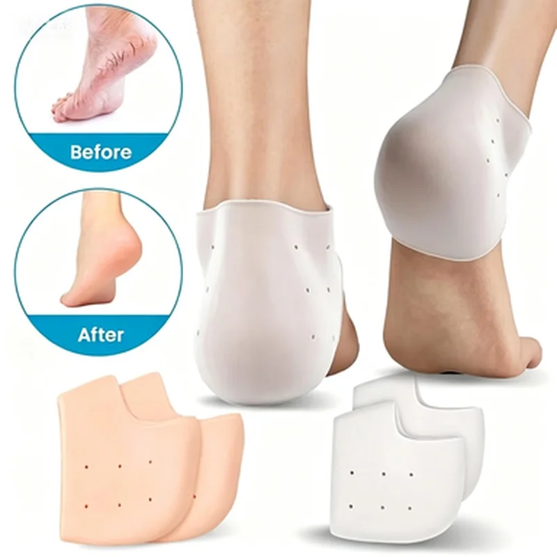 2Pairs Silicone Heel Protector Socks Woman Man Heel Spurs Dry Cracked Plantar Fasciitis Pain Relief Breathable Gel Heel Pads