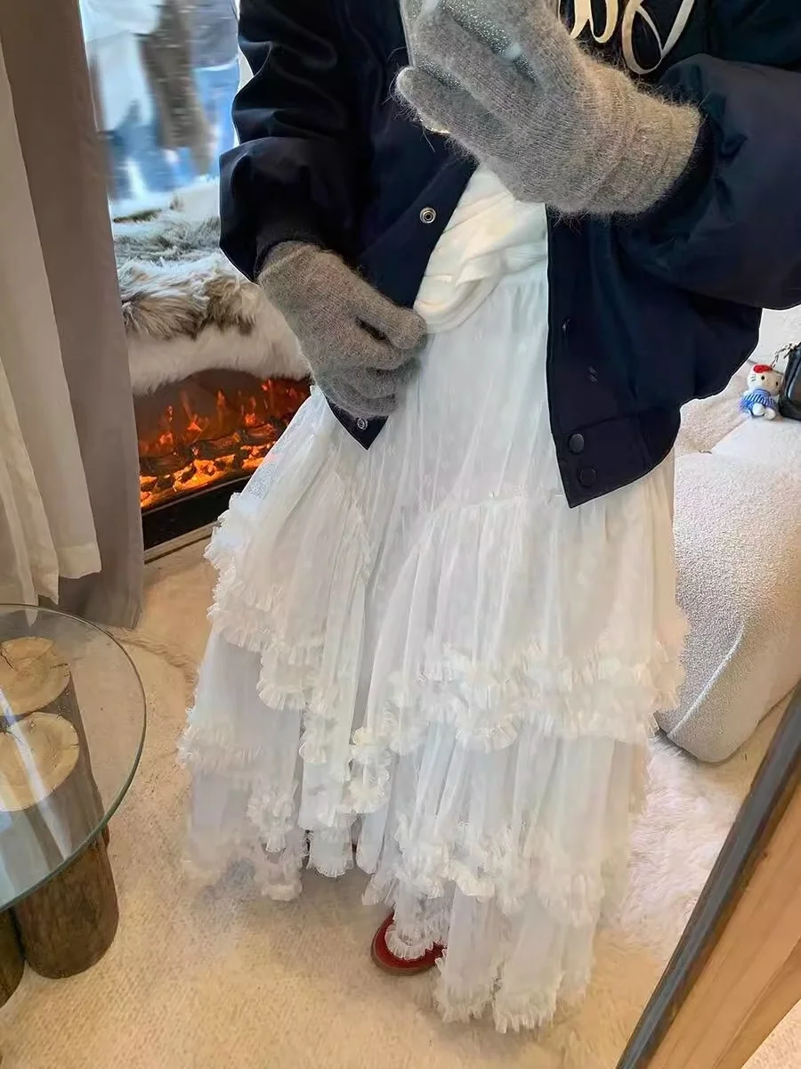 تنورة نسائية كبيرة الحجم أنيقة بتطريز ثقيل على شكل حرف A مع شبكة، طراز جديد لفصلي الخريف والشتاء، ستايل كوري للتنقل اليومي.