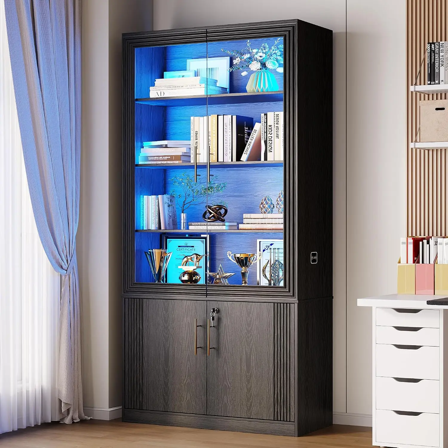 Motion-Sensing Wood Bookcase with Auto LED Light & Locking Glass Door, 4 Adjustable Shelves for Home Office Study Living Room, C