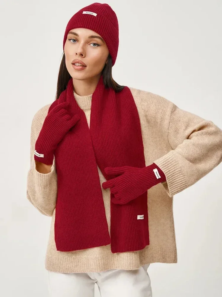 المرأة الخريف الشتاء الدافئة محبوك قبعة الكورية ثلاث قطع مجموعة الأوشحة قفازات قفازات شاشة اللمس بلون المرأة قفازات مجموعات #4