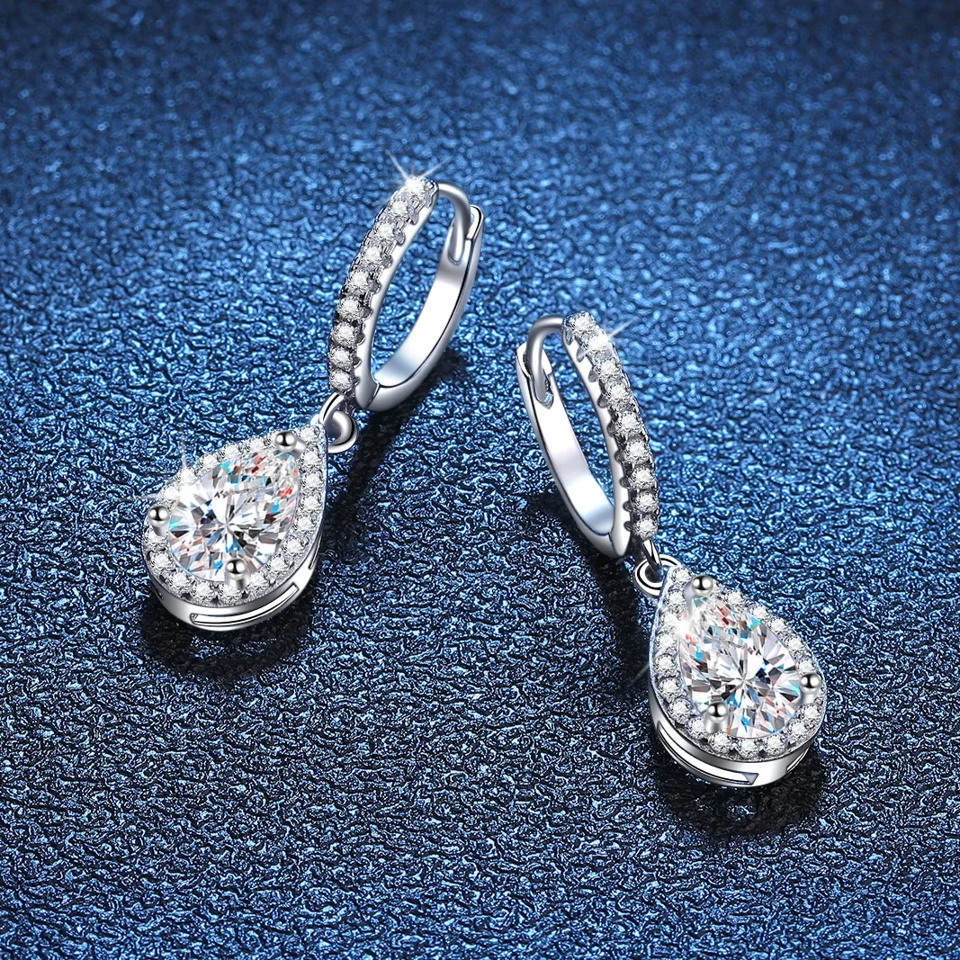 Classic 100% Real 1 Carat Pear Cut Moissanite Diamond Drop Earrings Women’s S925 Silver Earring Plated PT950 Fine Jewelry