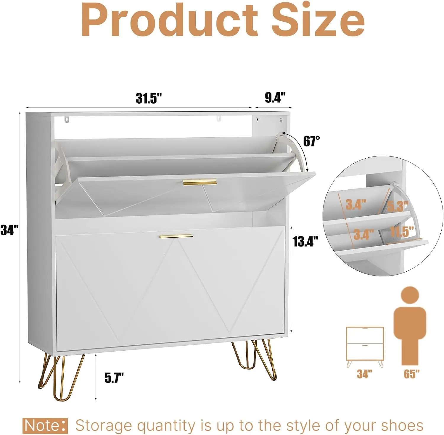 Shoe Cabinet with 2 Flip Drawers, Shoe Storage Cabinet Entryway Slim, White and Gold Narrow Shoe Cabinet w/Metal Legs, White