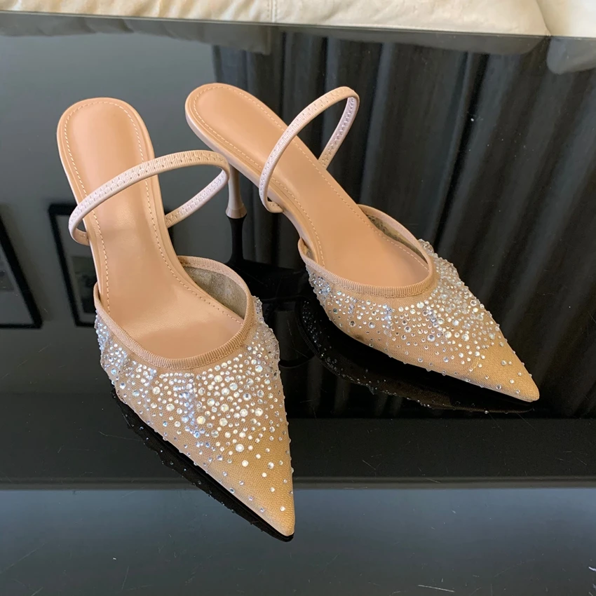 2024 Women High Heels Pumps Summer Fashion Rhinestone Mesh Stilettos Slingbacks Women Pointed Toe Thin Heel Sandals Shoes Woman