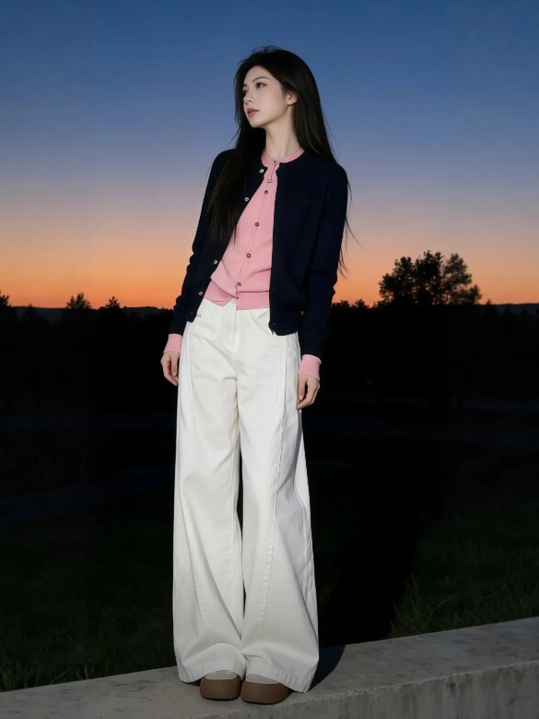 

Chic Spring Faion Set Soft Sle Casual Pants Two-Piece Suit Warm Cotton Long Sve round Ne Top High Waist Bot