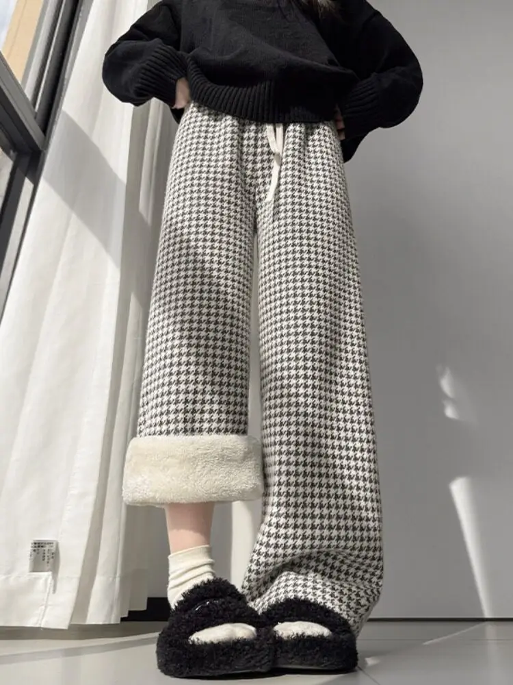 Women's winter high waisted narrow version cotton pants plush lamb hair and a thousand bird grid casual wide leg pants