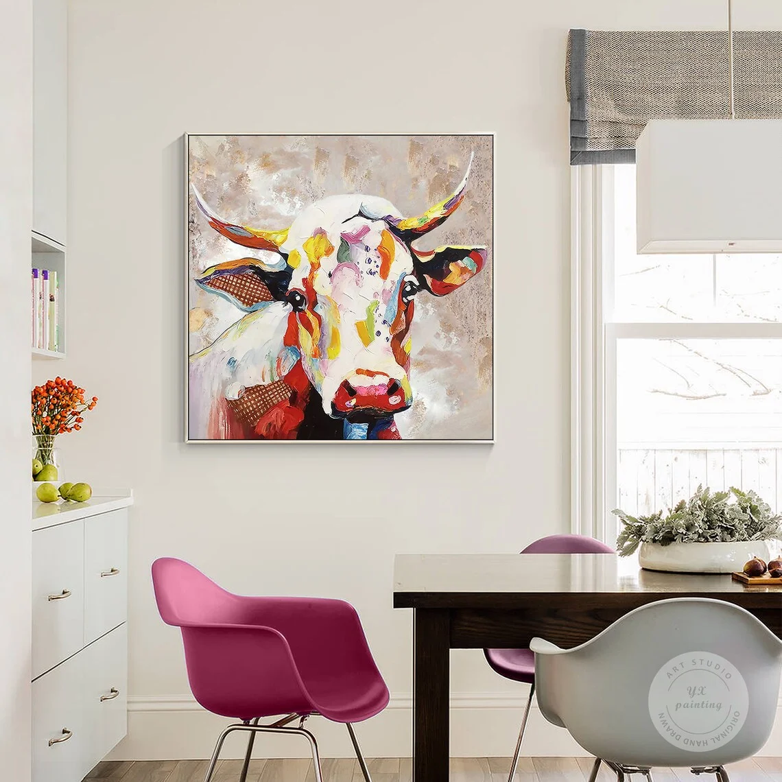 

Colorful Cow Painting on Canvas, Palette Knife Heavy Textured Painting, Wabi Sabi Framed Square Wall POP Art