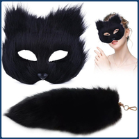 Therian Tail Set Furry Fox Mask 16'' Long Fox Tail Keychain Half Face Masquerade Mask for Cosplay Fancy Costume Party Accessory