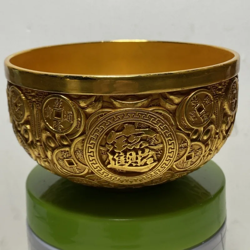 Antique Style Pure Copper Gilt Qing Dynasty Qianlong Tongbao Copper Coin Gold Bowl Treasure Basin Relief Coin Bowl Handicraft Or