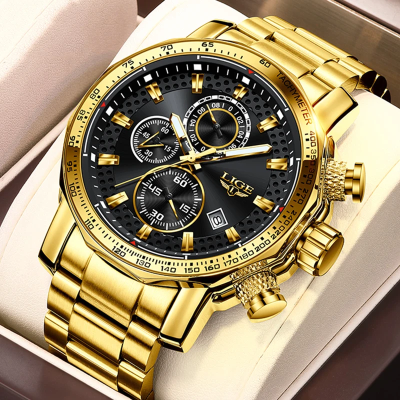 LIGE New Gold Quartz Watches For Men Military Sport Waterproof Big Dial Watch Men Fashion Business Date Chronograph Montre Homme