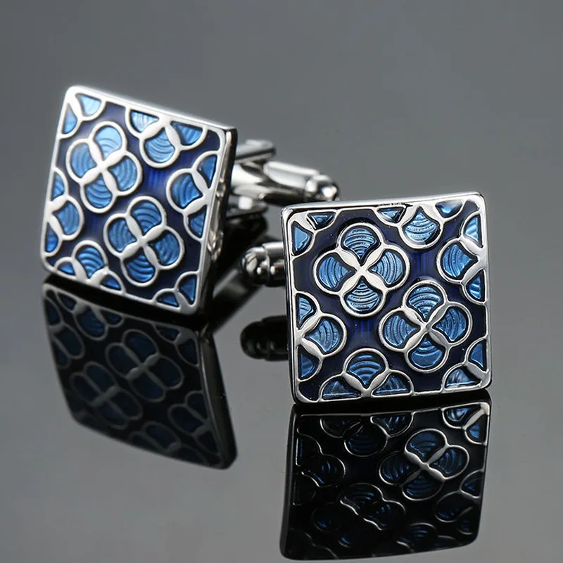 Men's French Shirt Cufflinks Wholesale Blue Enamel Crystal Cufflinks For Mens Vintage Pattern Cuff Links Wedding Jewelri Button