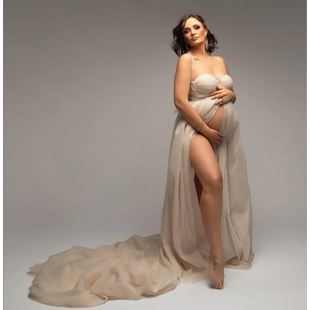 

Ivory Sweep Train Prom Dresses Tulle Maternity Dress Customized Halter Neck Boho vestido de novia Photography Props