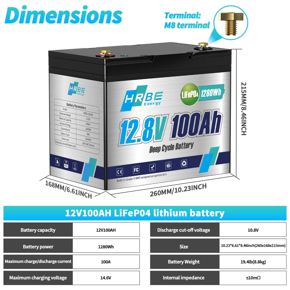 12V 100Ah LiFePO4 Lithium Battery 6000+Cycles,With 100A BMS, Low Temperature Protection Ideal for RV,Camping,Home Energy Storage