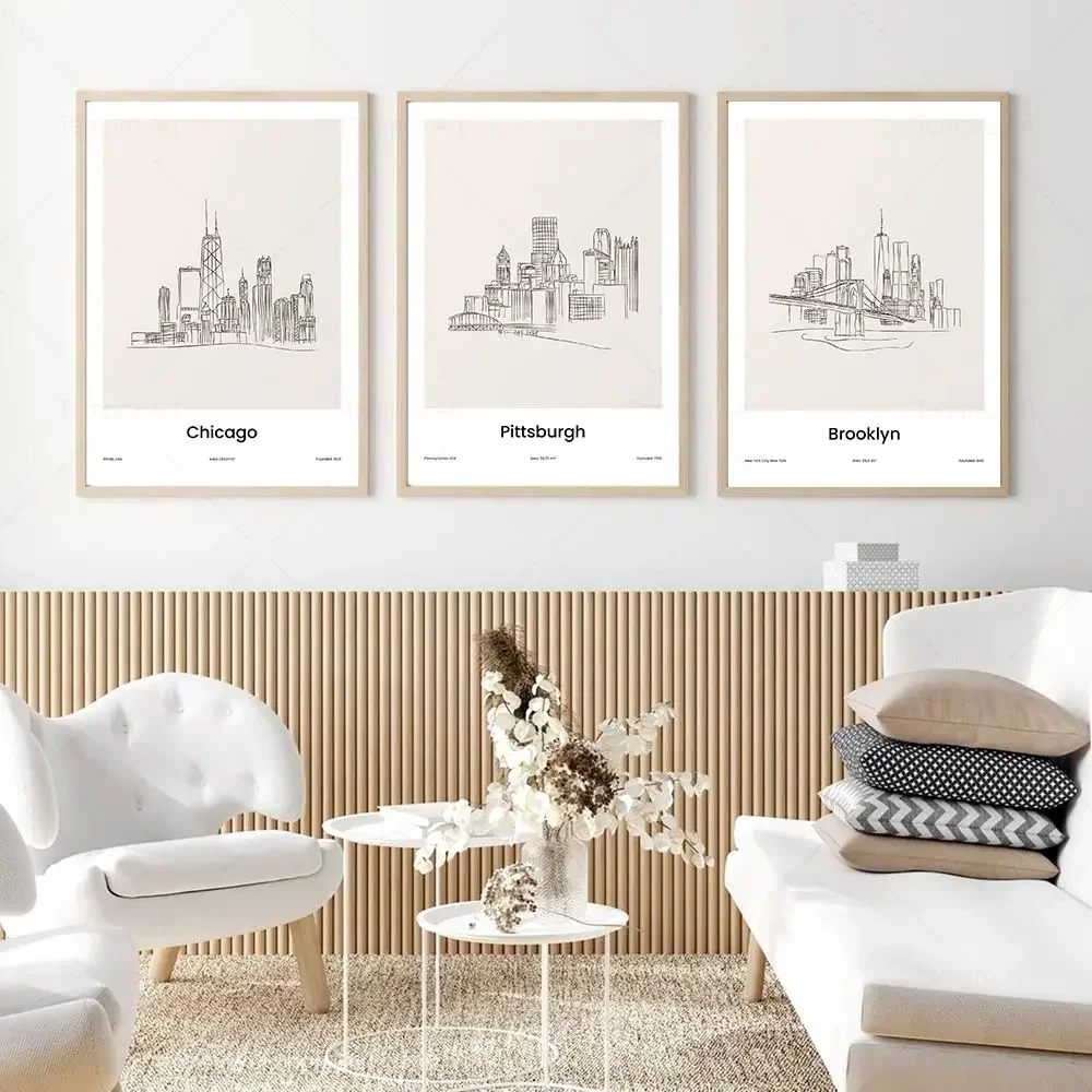 Modern Minimalist Wall Art – City Line Drawings of New York and Toronto, HD Canvas Print Poster for Home and Living Room Decor