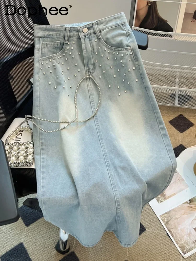 Summer High-waisted Denim Skirt Women's Heavy Industry Beaded Mid Length Casual Hip-wrapped A Line Skirt Light Blue 2025 New