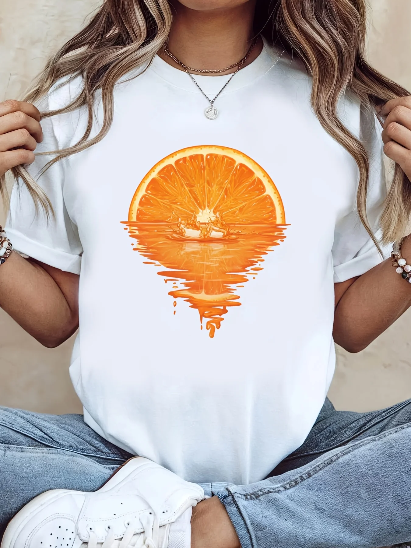 Fun Orange Sunset Printed T-shirt for Men and Women Cute Dog Loose Round Neck Short Sleeve Summer Casual Top