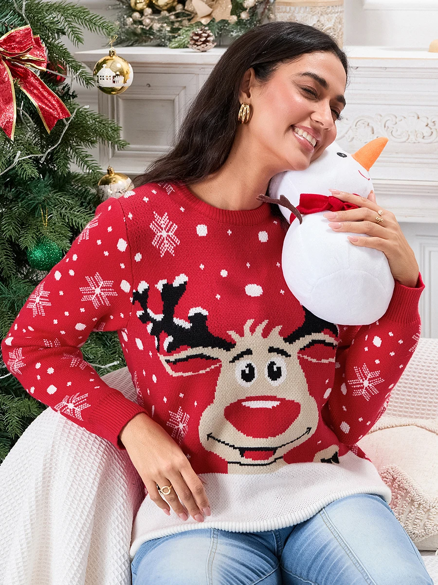 Family Matching Christmas Sweater Loose Reindeer Print Crew Neck Long Sleeve Pullover Tops for Fall Winter