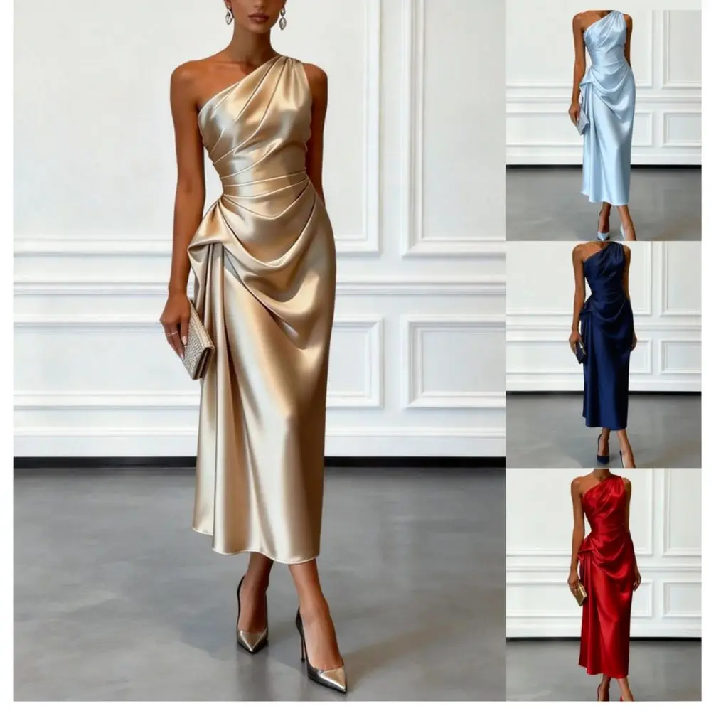Classy Satin Evening Dress Women Sleeveless Pleated Slim Waist Formal Maxi Gowns For Wedding Guest Party Banquet
