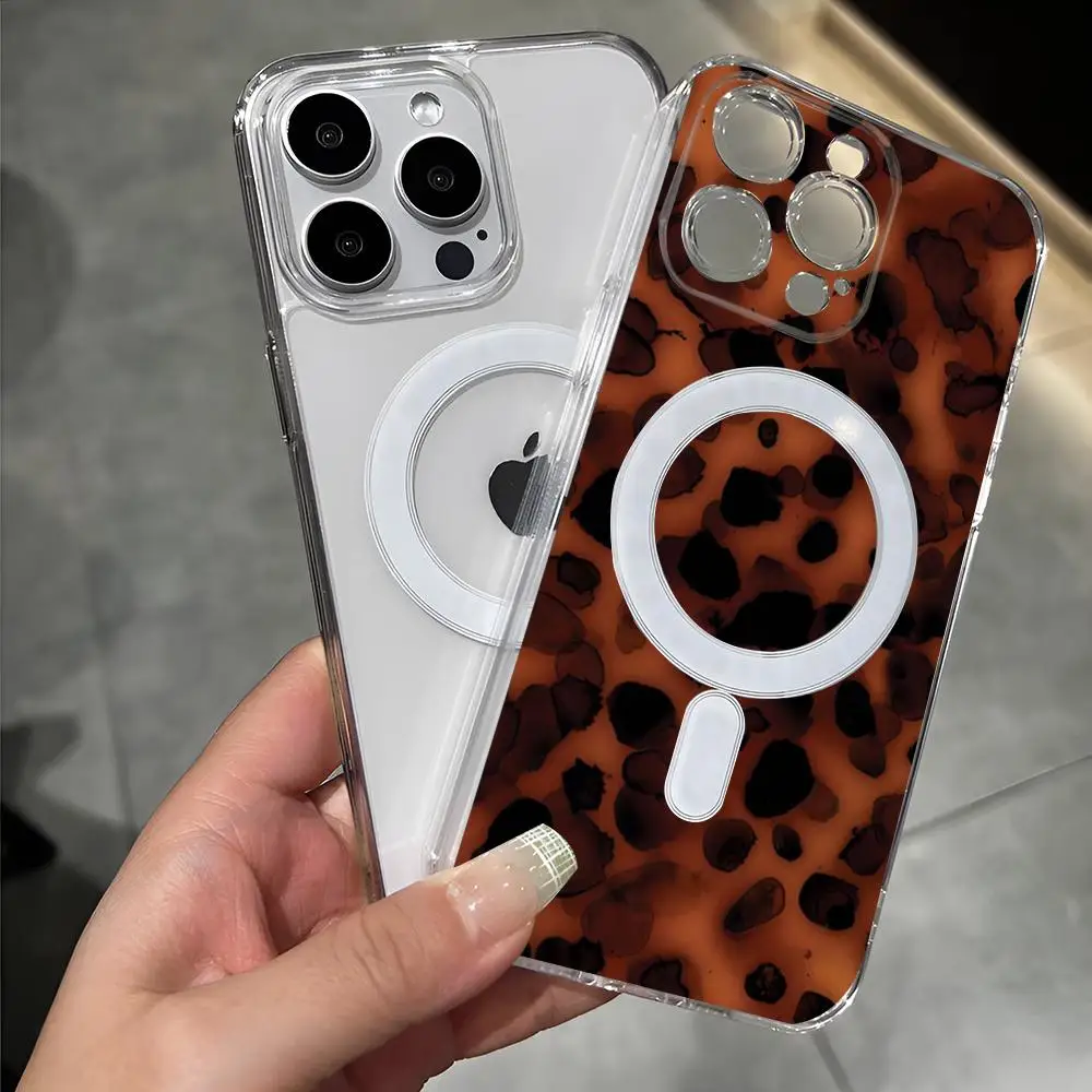 Stylish Tortoiseshell Leopard Phone Case Transparent Magnetic Suction For IPhone 16 15 14 13 12 11 Pro Max Plus Anti Drop Cover