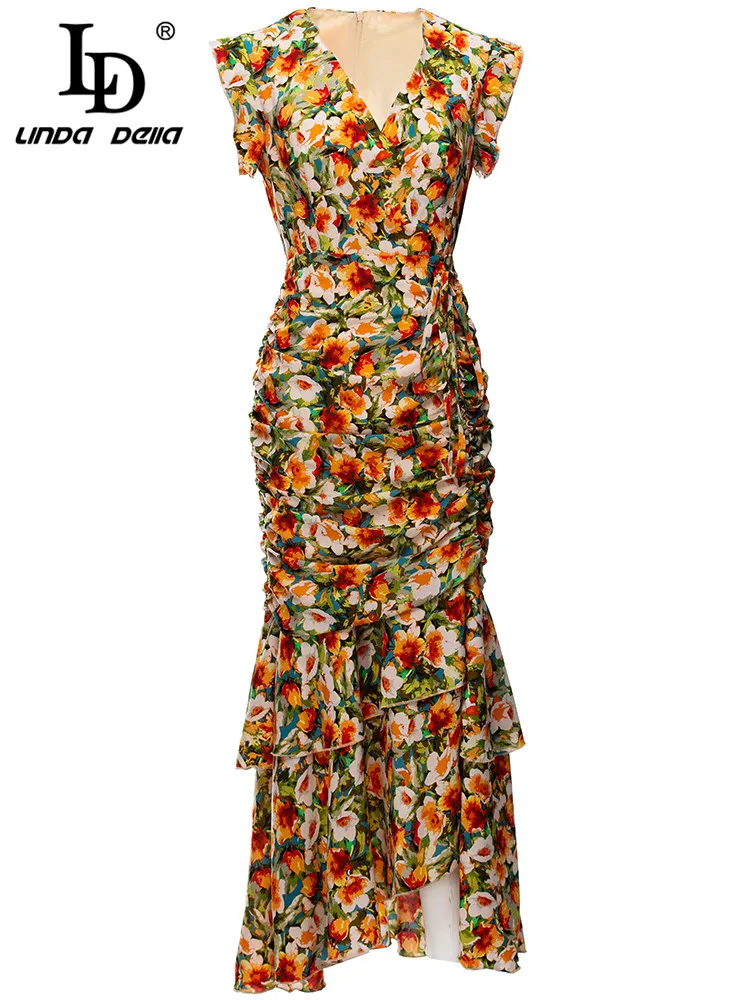 LD LINDA DELLA 2023 Neue Sommer Runway Fashion Midi Kleid Frauen V-ausschnitt Drapierte Blume Drucken Vintage Urlaub Meerjungfrau Kleid